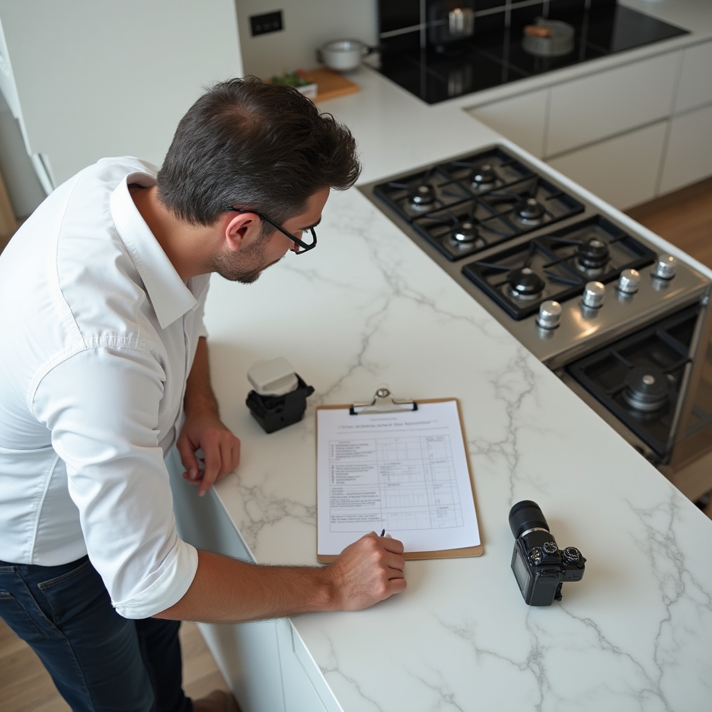 Detailed inspection of kitchen appliances and fixtures during property survey