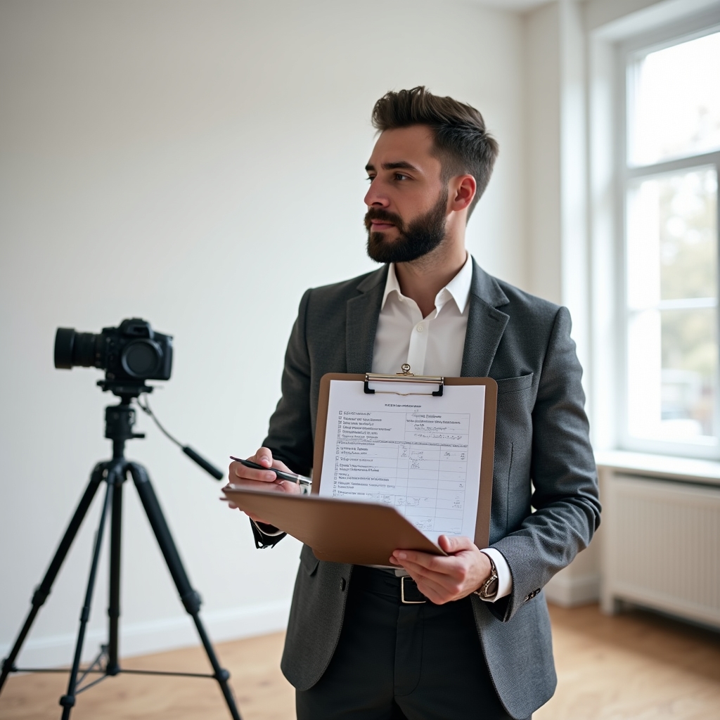 Systematic property survey methodology with clipboard and professional equipment