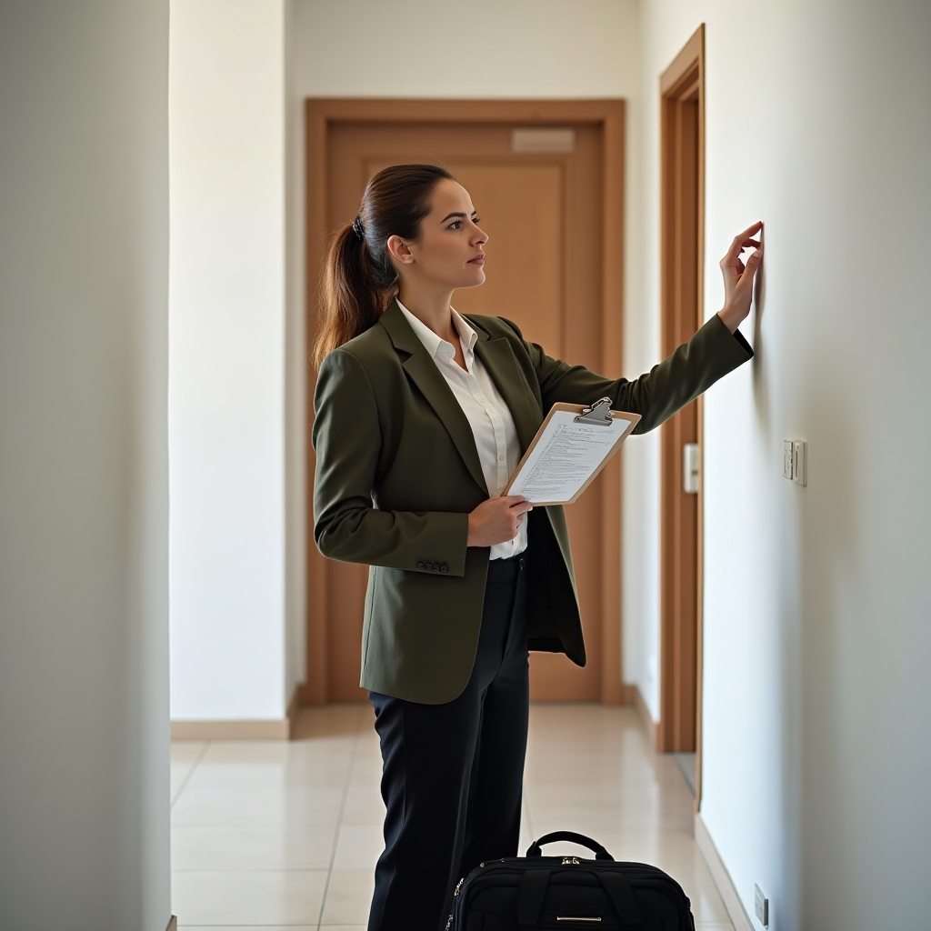 Perito profesional realizando documentación sistemática en departamento residencial